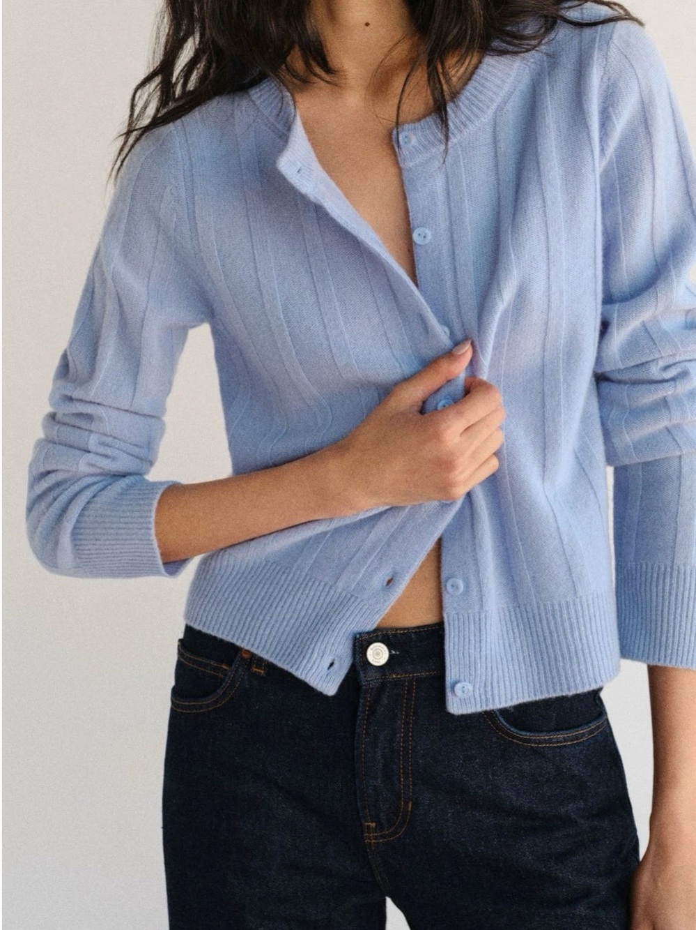 Reformation Light Blue Ribbed Cropped Button Cardigan